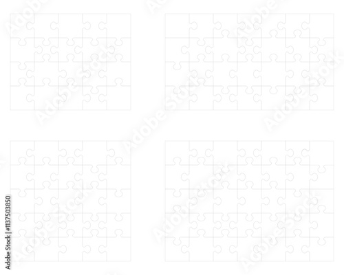 Illustration of four white puzzles, separate parts		