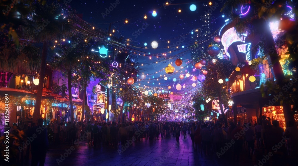 A mesmerizing city street illuminated with colorful festival lights at night, creating a lively and festive atmosphere. People gather under the glowing decorations, enjoying the urban nightlife.. AI A mesmerizing city street illuminated with colorful festival lights at night, creating a lively and festive atmosphere. People gather under the glowing decorations, enjoying the urban nightlife.. AI
