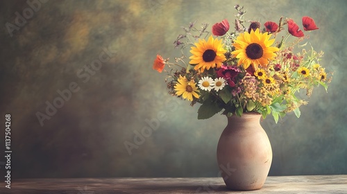 Wallpaper Mural A vintage floral arrangement with sunflowers, poppies, and daisies in a simple earthenware vase.  Torontodigital.ca