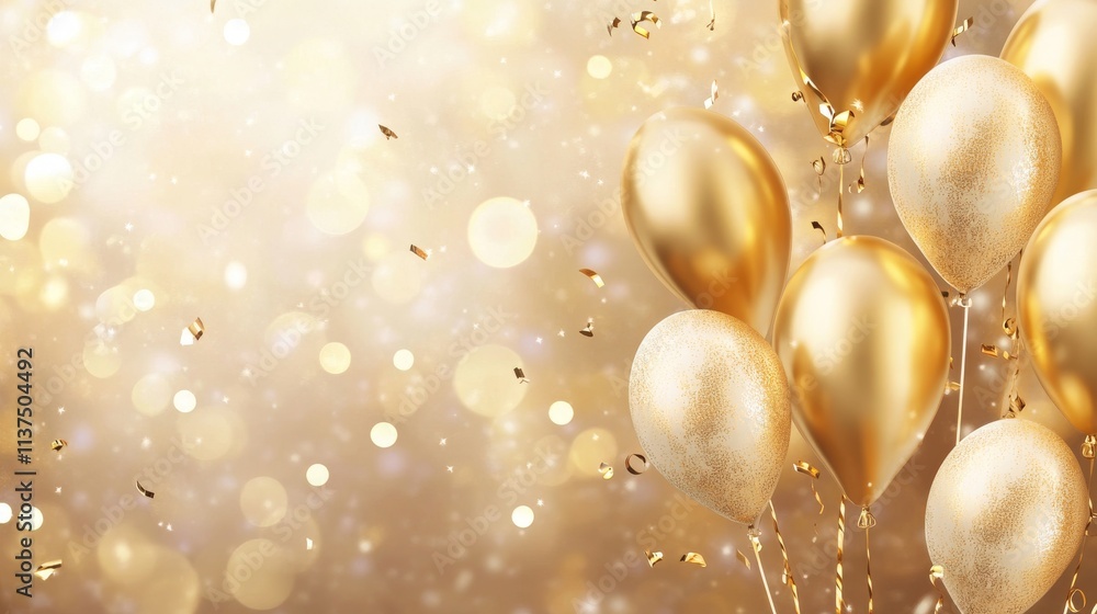 A collection of elegant gold balloons floating against a sparkling bokeh background. The warm golden tones and scattered confetti create a joyful and celebratory atmosphere, perfect for party themes A collection of elegant gold balloons floating against a sparkling bokeh background. The warm golden tones and scattered confetti create a joyful and celebratory atmosphere, perfect for party themes