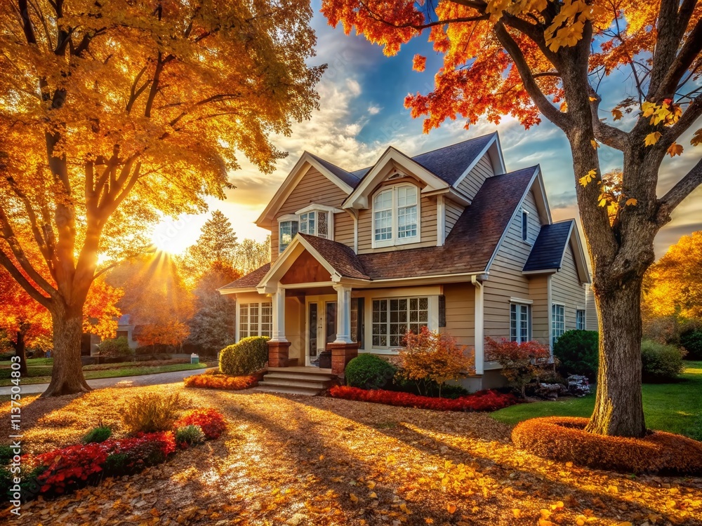 Naklejka premium Golden Hour Autumn Home - Cozy Suburban House Photography, Fall Leaves, Sunset Landscape