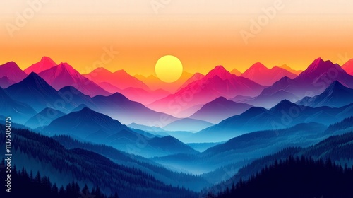 Vibrant sunset over distant mountains with layers of colorful hills and valleys creating a serene and picturesque landscape at twilight photo