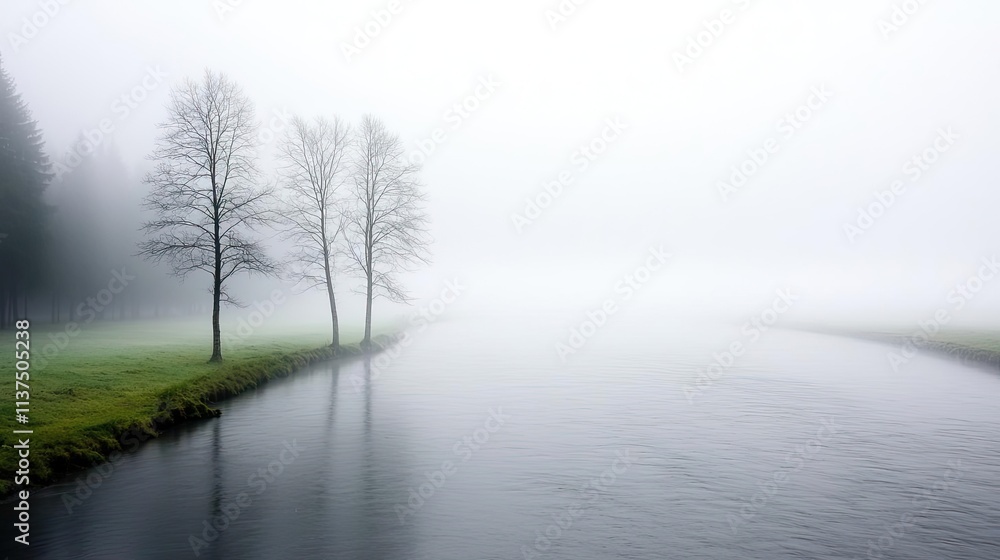 Mysterious fog idea. Serene foggy landscape with trees reflecting in calm water creates a peaceful atmosphere. Mysterious fog idea. Serene foggy landscape with trees reflecting in calm water creates a peaceful atmosphere.