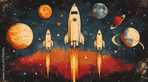 retro space exploration badges with vintage textures rockets planets and constellations in muted colors nostalgic scifi aesthetic with distressed details