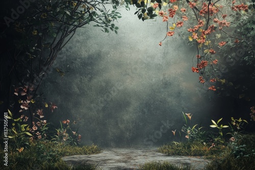 Enchanted Forest Background: Mystical Nature Scene with Flowers and Foggy Atmosphere.