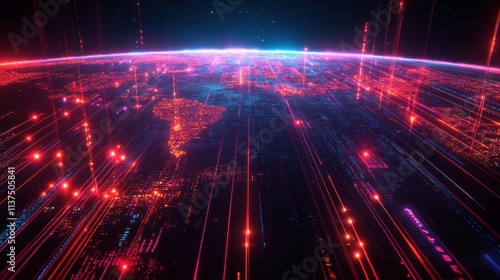 Futuristic digital landscape with glowing data streams