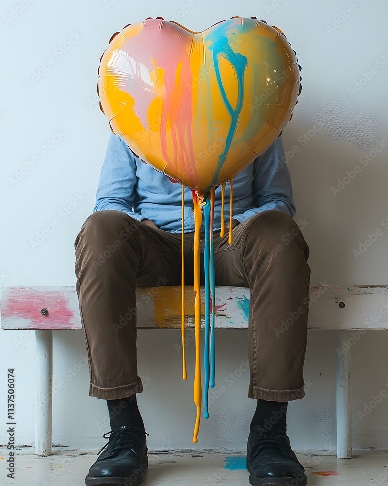 Fototapeta premium Person Sitting With Paint Dripping Heart Balloon