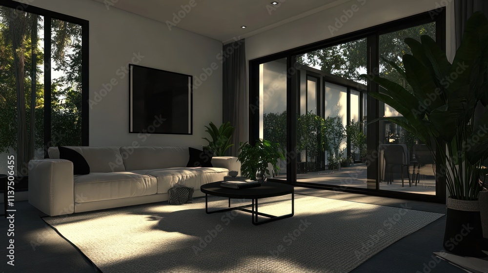 Modern living room with large windows and plants, creating a serene atmosphere.