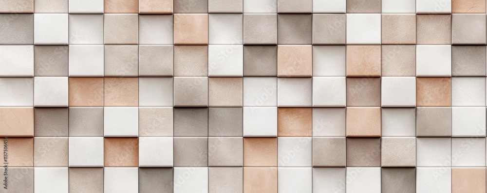 A textured wall featuring a mosaic of square tiles in neutral tones of beige, white, and light brown. A textured wall featuring a mosaic of square tiles in neutral tones of beige, white, and light brown.