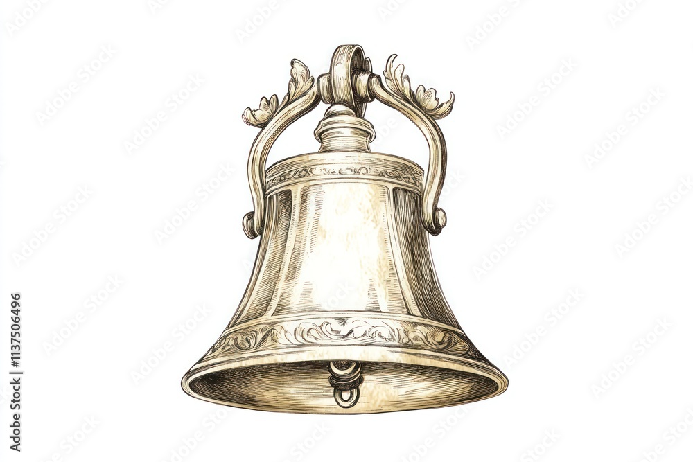 Ornate hand-drawn silver bell with detailed carvings and a curved handle, isolated on white background. Ornate hand-drawn silver bell with detailed carvings and a curved handle, isolated on white background.