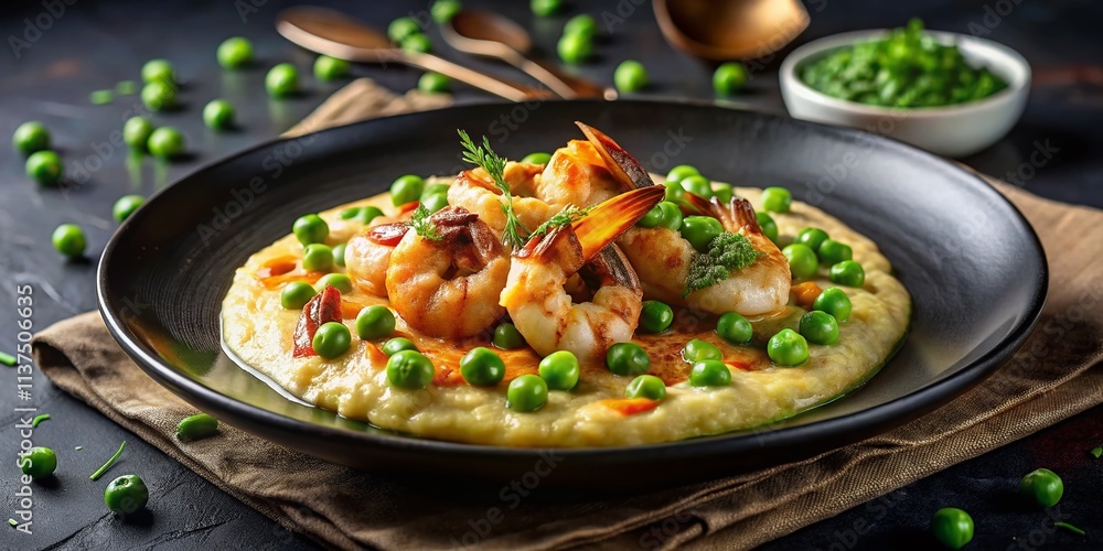 Gourmet Shrimp and Grits with Vibrant Peas and Rich Butter Sauce Captured in Night Photography, Highlighting Culinary Artistry and Flavorful Presentation Gourmet Shrimp and Grits with Vibrant Peas and Rich Butter Sauce Captured in Night Photography, Highlighting Culinary Artistry and Flavorful Presentation