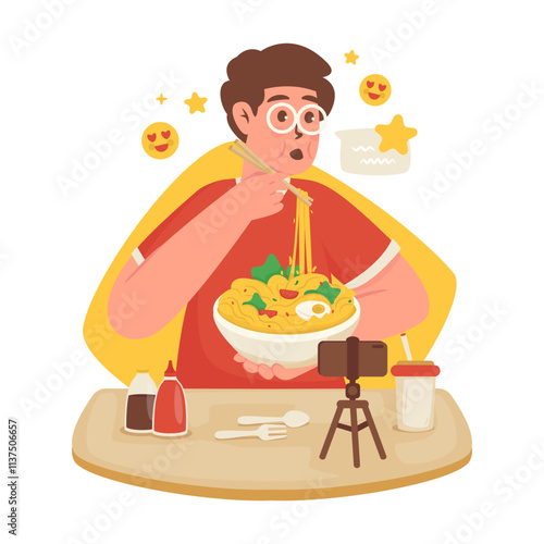 Male food blogger character is reviewing eating noodles vector illustration