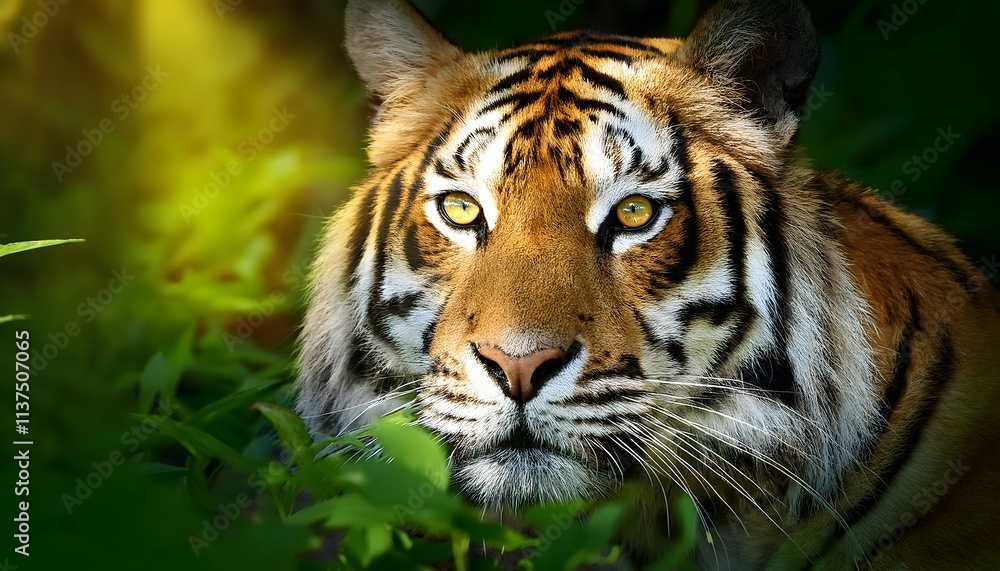 A majestic tiger in a dense green forest, extreme close-up A majestic tiger in a dense green forest, extreme close-up