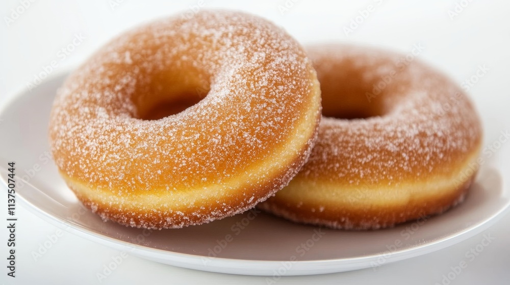 A close-up of two perfectly round sugar-coated donuts placed on a white plate. The image highlights the soft texture and golden-brown color of the donuts, making it perfect for food-related projects A close-up of two perfectly round sugar-coated donuts placed on a white plate. The image highlights the soft texture and golden-brown color of the donuts, making it perfect for food-related projects