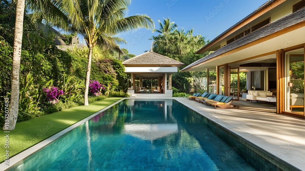 Fototapeta premium A beachfront villa with open-plan architecture, infinity pool overlooking the ocean, and palm trees.