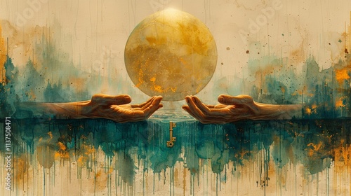 ​Heritage Treasures Day. An abstract watercolor artwork of hands delicately cradling a glowing golden orb, surrounded by dripping textures and mystical tones.