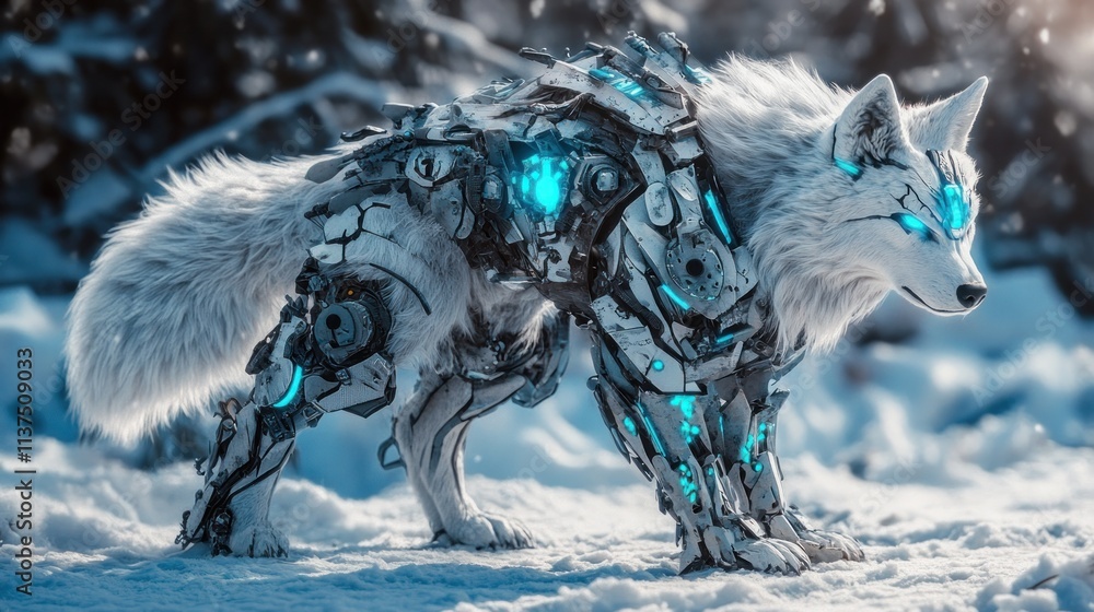 Fototapeta premium Futuristic robotic wolf in snowy landscape