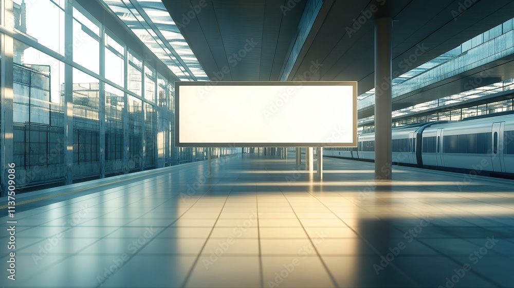 Empty train station platform with blank billboards, afternoon sunlight creating a warm and calm atmosphere Empty train station platform with blank billboards, afternoon sunlight creating a warm and calm atmosphere