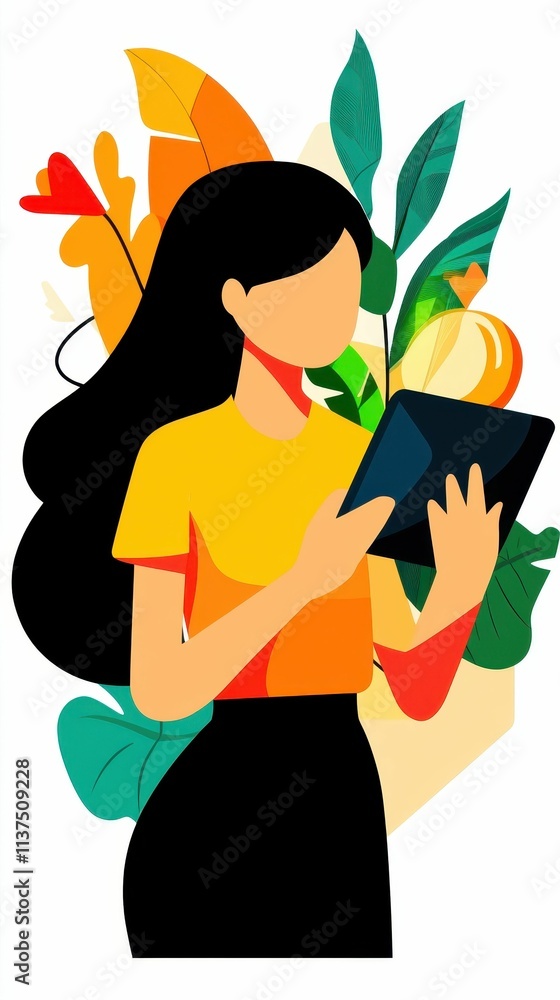 Woman using tablet amidst colorful foliage. Woman using tablet amidst colorful foliage.