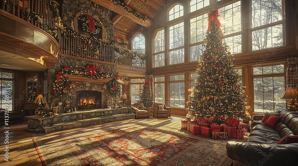 Obraz premium Grand room adorned with Christmas decor, tree, presents, and fireplace.
