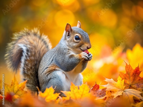 Grey Squirrel Eating Nut Autumn Leaves - Sciurus carolinensis Stock Photo