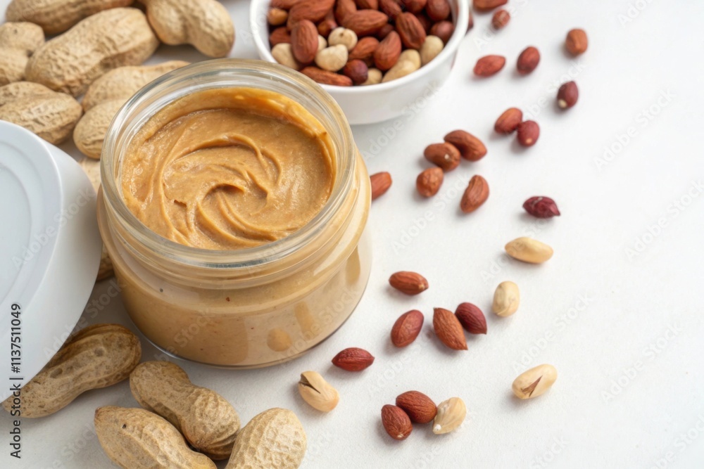 Open jar of peanut butter surrounded by scattered nuts on a white surface Open jar of peanut butter surrounded by scattered nuts on a white surface