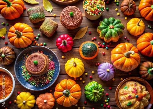 Halloween Party Food Photography: Glitter Pumpkins & Candy Flat Lay