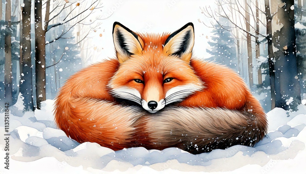Obraz premium Winter-themed watercolor fox curled up in snow-covered woods