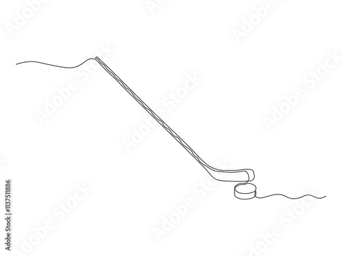 Abstract hockey stick with puck, continuous single line art drawing sketch, logo