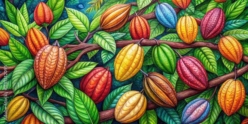 Hand Drawn Cocoa Pods Tree Branches: Artistic Illustration, Botanical Sketch, Cacao Plant, Cocoa Bean Harvest Hand Drawn Cocoa Pods Tree Branches: Artistic Illustration, Botanical Sketch, Cacao Plant, Cocoa Bean Harvest