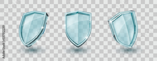 Glass security shields shown from different angles. Transparent protective emblems with blue glossy surfaces and reflective highlights for healthcare protection or defense software interface concept.