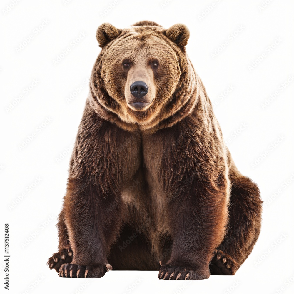 Fototapeta premium a large brown bear sitting against a pure white background. 