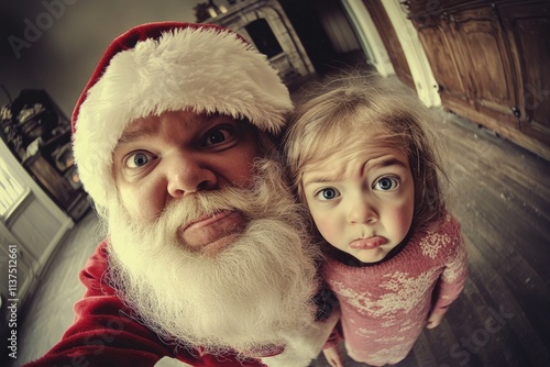 Festive season advertising concept picture for marketing material and online use. Gleeful christmas, Ñute child girl upset with santa claus. Holiday smiles advertising. Santa claus red toddler. photo