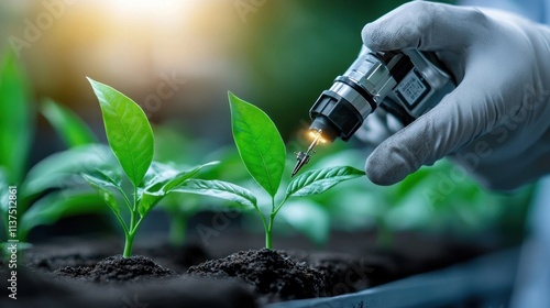 Closeup view of a scientist s hand in a protective glove applying some kind of treatment or solution to young plant seedlings or sprouts growing in a soil sample in a laboratory or greenhouse setting photo