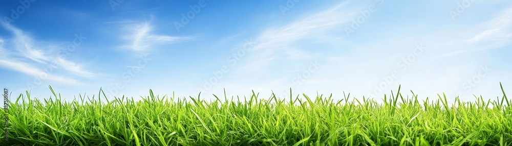 Obraz premium Vibrant green grass and clear blue sky, a serene landscape photo for nature lovers