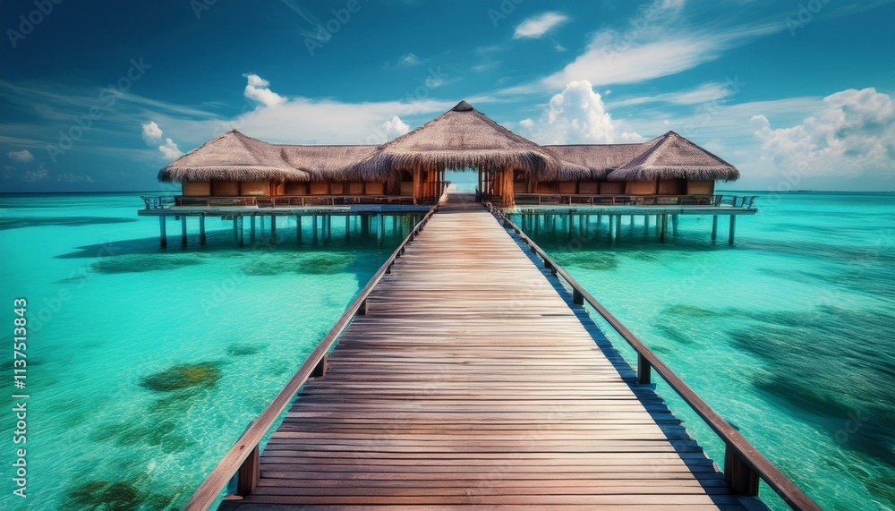 Wooden Bridge Over The Sea - Tropical Destination - Maldives - Pier For Paradise Island Wooden Bridge Over The Sea - Tropical Destination - Maldives - Pier For Paradise Island