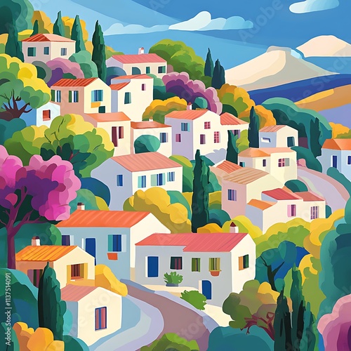 Colorful hillside village with houses, trees, and winding road.