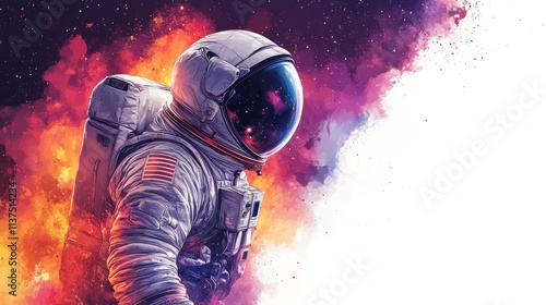 Stunning Artwork of an Astronaut Surrounded by Colorful Cosmic Flames and Starry Background, Capturing the Essence of Space Exploration and Adventure photo