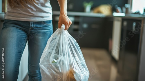 Taking out the trash household clean-up kitchen photo indoor close-up waste management awareness