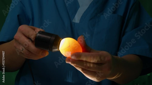 Factory worker in blue overalls performing X-ray inspection of eggs. The worker holds the eggs in their hands, rotating and inspecting them from different sides under dim lighting in a factory setting photo