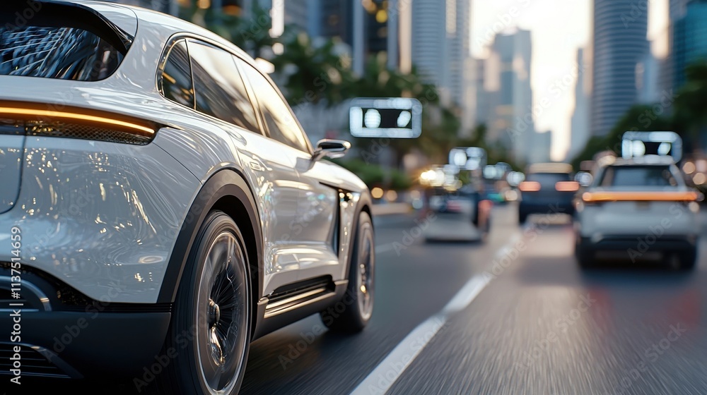 Luxury silver sedan car speeding through the busy downtown streets and skyscrapers of a modern metropolitan city with blurred motion and cityscape background Luxury silver sedan car speeding through the busy downtown streets and skyscrapers of a modern metropolitan city with blurred motion and cityscape background