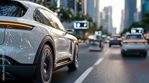 Luxury silver sedan car speeding through the busy downtown streets and skyscrapers of a modern metropolitan city with blurred motion and cityscape background