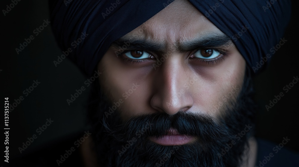 Intense portrait of young indian man with beard and turban Intense portrait of young indian man with beard and turban