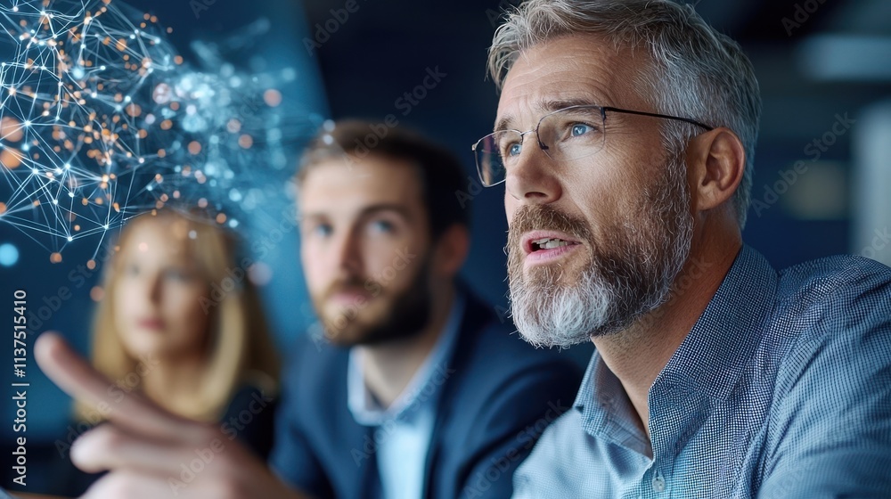 Obraz premium Diverse group of business professionals collaborating and strategizing on presentation and data analytics on a futuristic digital network interface Concept of teamwork innovation