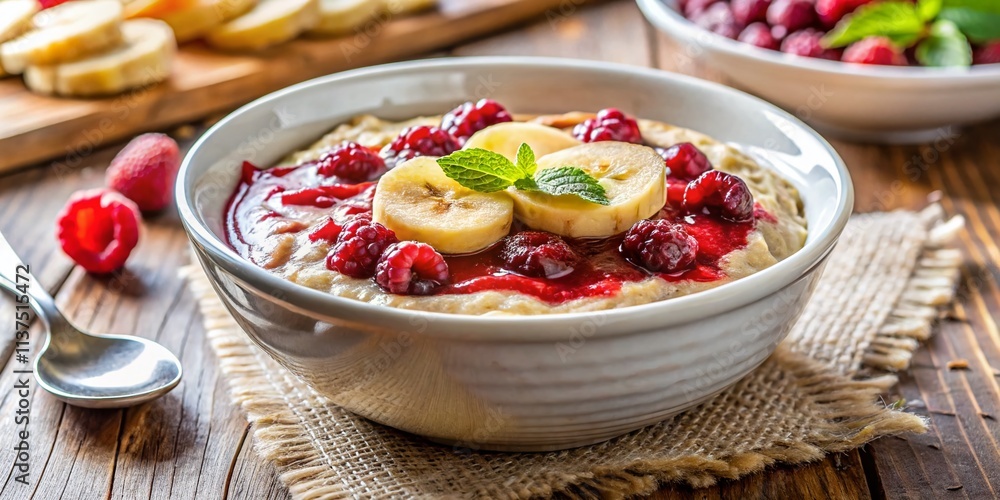 Healthy Vegetarian Oatmeal Breakfast: Banana, Raspberry, Slow Carbs - Delicious & Nutritious Morning Meal Healthy Vegetarian Oatmeal Breakfast: Banana, Raspberry, Slow Carbs - Delicious & Nutritious Morning Meal