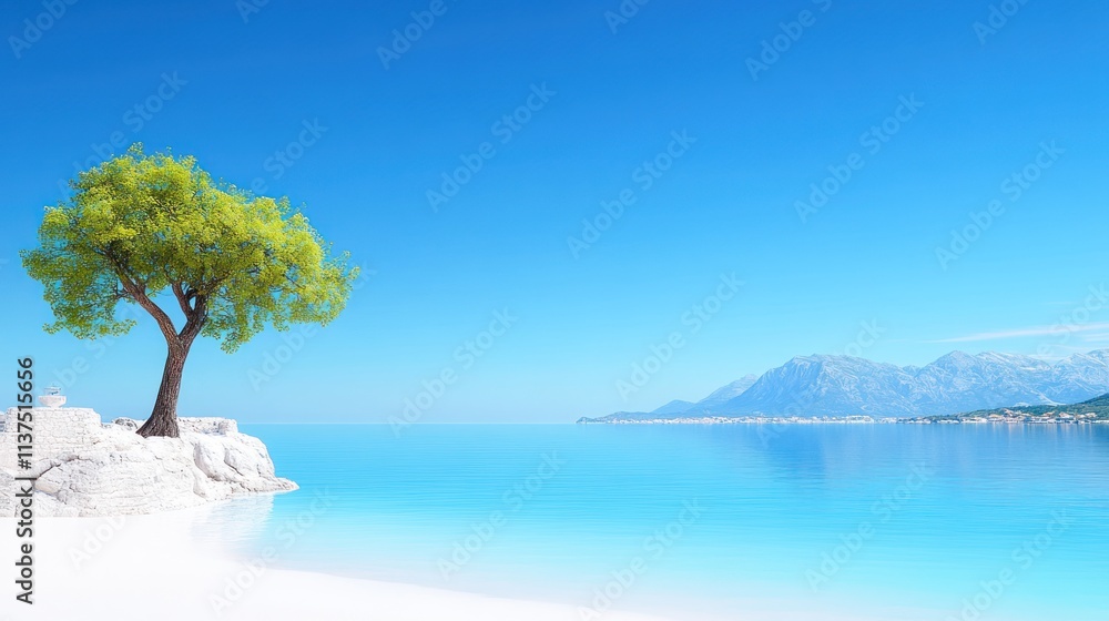 Serene beach landscape with a solitary tree and tranquil waters. Serene beach landscape with a solitary tree and tranquil waters.