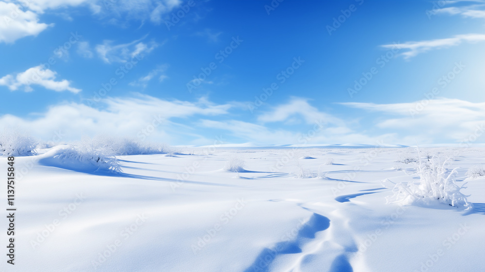 Snowy Winter Landscape with Blue Sky and Clouds