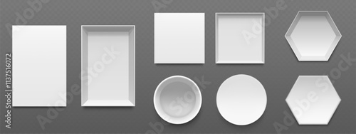Set of white packaging mockups viewed from top on transparent background. Rectangular, square, circular and hexagonal shapes empty box containers with different lid options for product presentation.