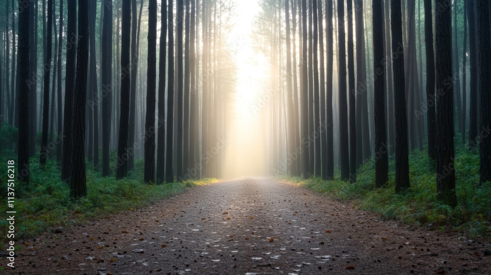 Morning Dew Trails Illuminate a Serene Forest Pathway in Nature's Embrace Morning Dew Trails Illuminate a Serene Forest Pathway in Nature's Embrace