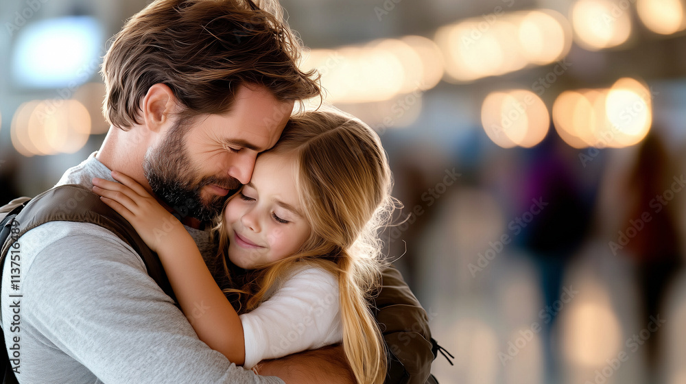 Fototapeta premium Family Reunion at Airport Terminal with Emotions and Warm Lighting